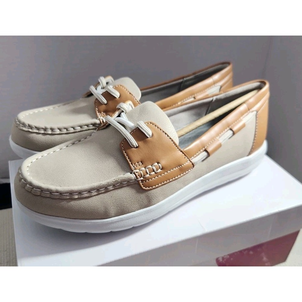 Clarks Beige and Tan Slip-On Platform Loafers with White Sole